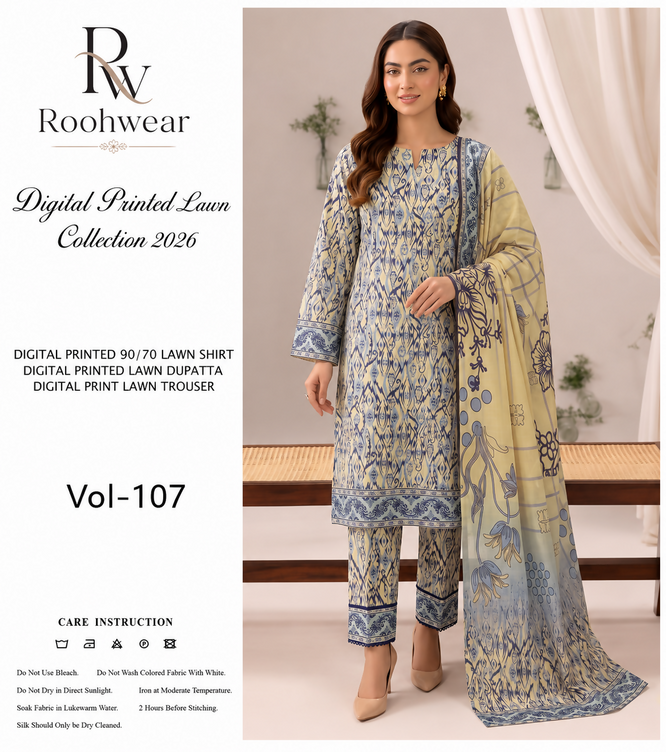 Roohwear Digital Printed Lawn Suit Vol-107 – Lemon Ikat Blue