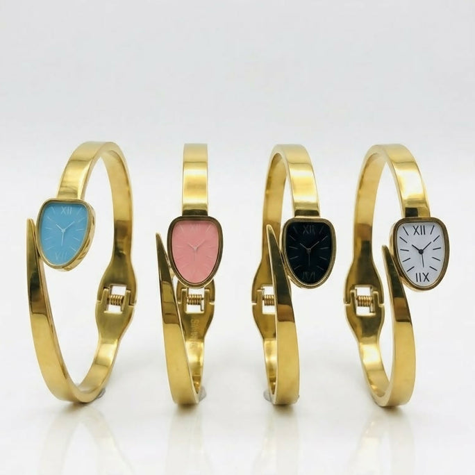 Gold Plated Bangle Bracelet with Teardrop Watch Dial for Women - Elegant Fashion Wristwatch & Jewellery
