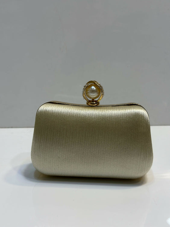 Silk Textured Hard Case Evening Clutch Bag for Women - Elegant Pearl Top Lock Party & Bridal Purse