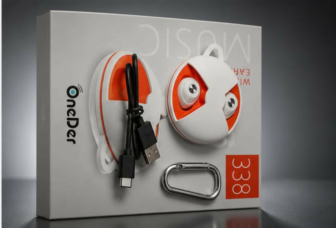 OneDer 338 Wireless Earbuds Bluetooth Headphones Mini Portable Charging Case with Carabiner Clip – White & Orange