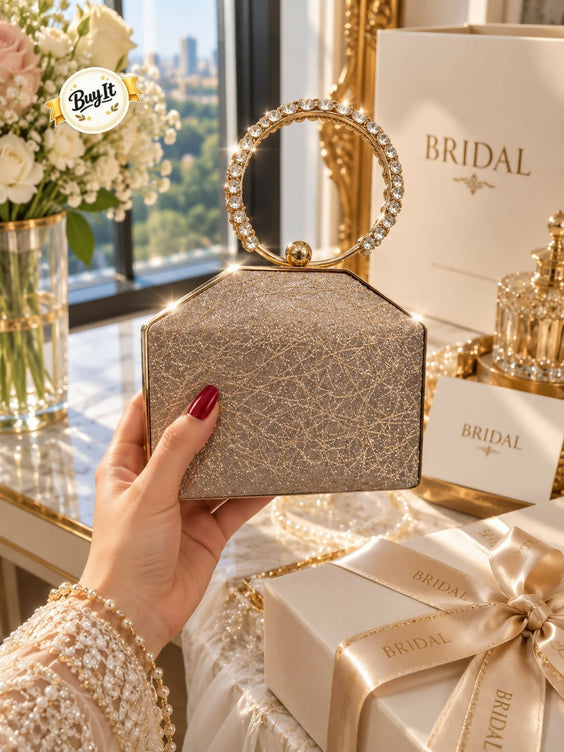 Bridal & Party Wear Shimmering Hard Case Wristlet Clutch for Women - Diamond Ring Handle Evening Purse