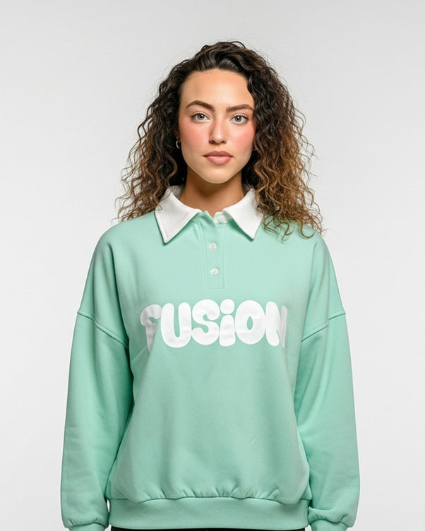 Sajiero Fleece Polo Style Sweatshirt - FUSION - Aqua