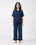 Sajiero Half Sleeves PJ Set - Linen Comfort - Dark Blue