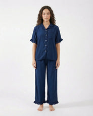 Sajiero Half Sleeves PJ Set - Linen Comfort - Dark Blue