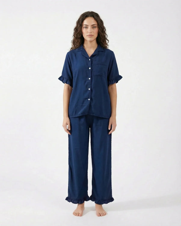 Sajiero Half Sleeves PJ Set - Linen Comfort - Dark Blue
