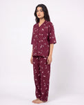 Sajiero Linen Oversized PJ Set - Floral Breeze - Maroon