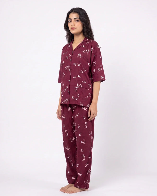 Sajiero Linen Oversized PJ Set - Floral Breeze - Maroon