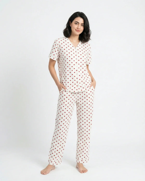 Sajiero Cotton PJ Set - Heart Bliss - White