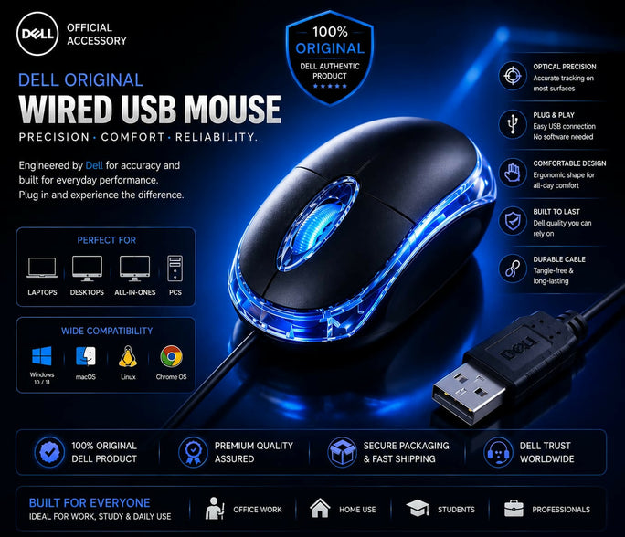 Dell Original Wired USB RGB Optical Mouse High Precision 1000 DP