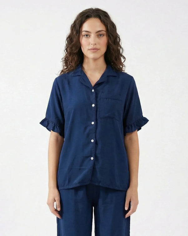 Sajiero Half Sleeves PJ Set - Linen Comfort - Dark Blue