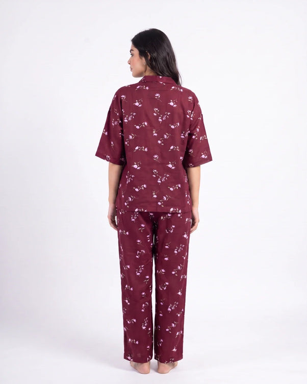 Sajiero Linen Oversized PJ Set - Floral Breeze - Maroon