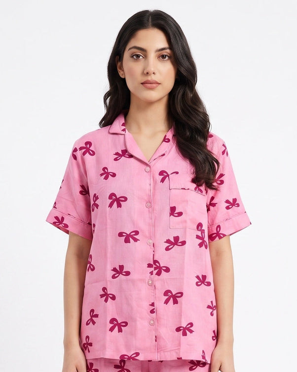 Sajiero Linen Pajama Suit - Bow Blush