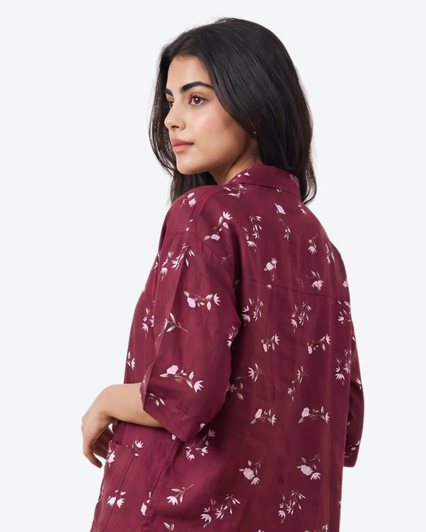 Sajiero Linen Oversized PJ Set - Floral Breeze - Maroon