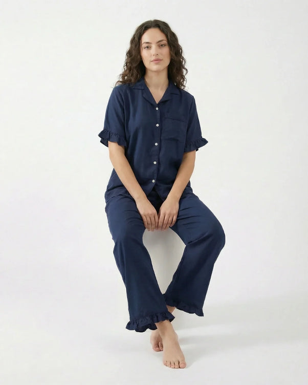 Sajiero Half Sleeves PJ Set - Linen Comfort - Dark Blue