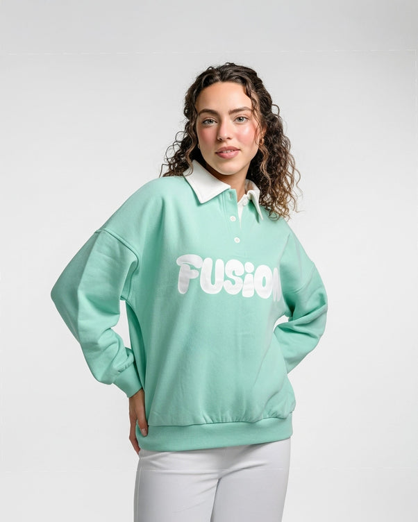 Sajiero Fleece Polo Style Sweatshirt - FUSION - Aqua