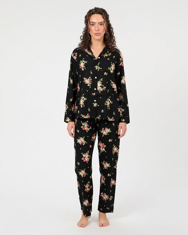 Sajiero Linen Pajama Suit - Black Floral