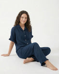 Sajiero Half Sleeves PJ Set - Linen Comfort - Dark Blue