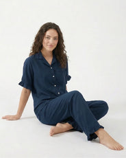 Sajiero Half Sleeves PJ Set - Linen Comfort - Dark Blue