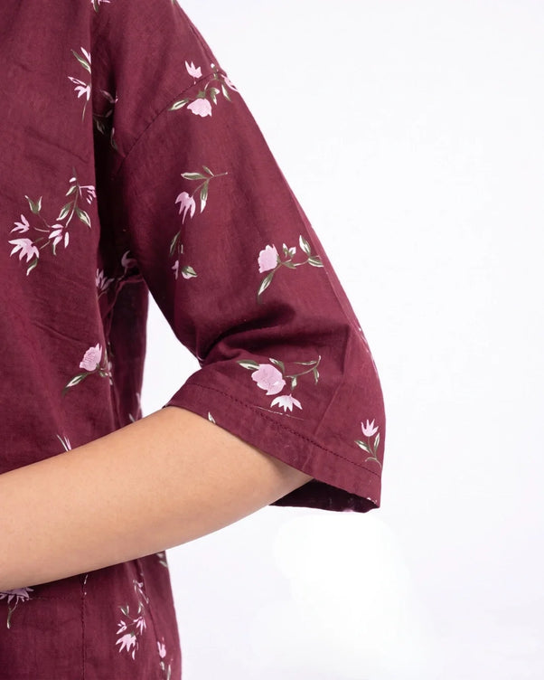 Sajiero Linen Oversized PJ Set - Floral Breeze - Maroon