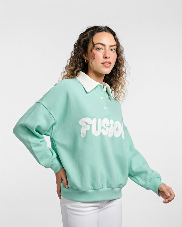 Sajiero Fleece Polo Style Sweatshirt - FUSION - Aqua