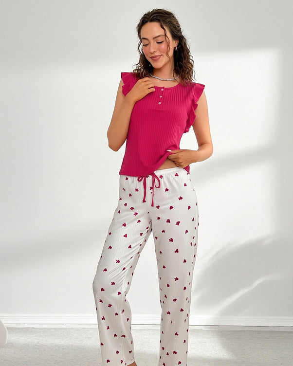 Sajiero Cotton PJ Set - Heart Ease - Pink