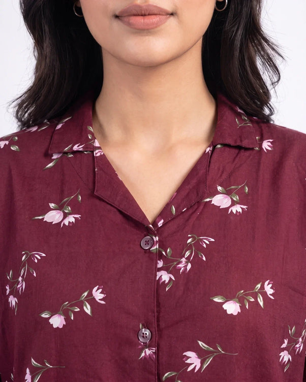 Sajiero Linen Oversized PJ Set - Floral Breeze - Maroon