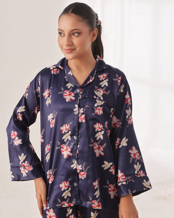 Sajiero Silk Pajama Suit with Scrunchie - Blue Blush