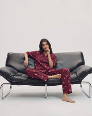 Sajiero Linen Oversized PJ Set - Floral Breeze - Maroon