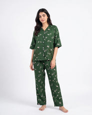 Sajiero Linen Oversized PJ Set - Floral Breeze - Green
