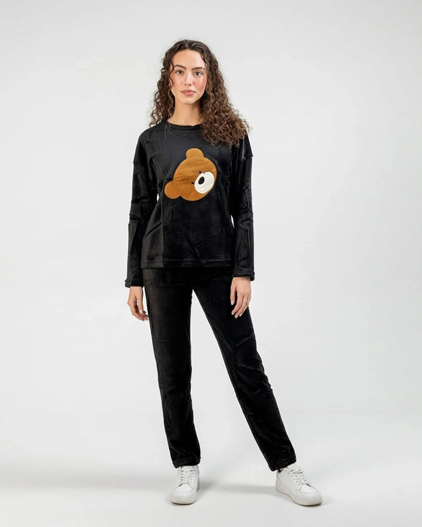 Sajiero Fleece Pajama Suit Bear - Black