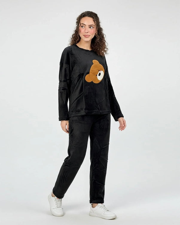 Sajiero Fleece Pajama Suit Bear - Black