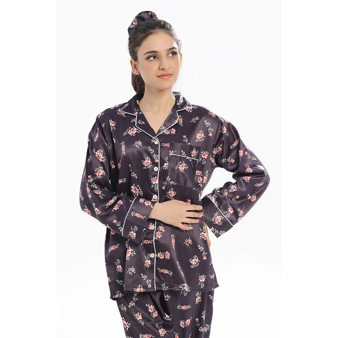 Sajiero Silk Pajama Suit  with Scrunchie - Dark Fleur