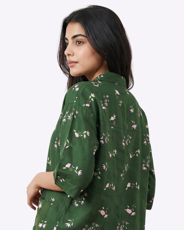 Sajiero Linen Oversized PJ Set - Floral Breeze - Green