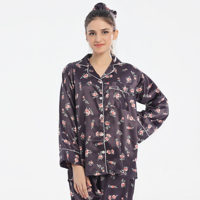 Sajiero Silk Pajama Suit  with Scrunchie - Dark Fleur