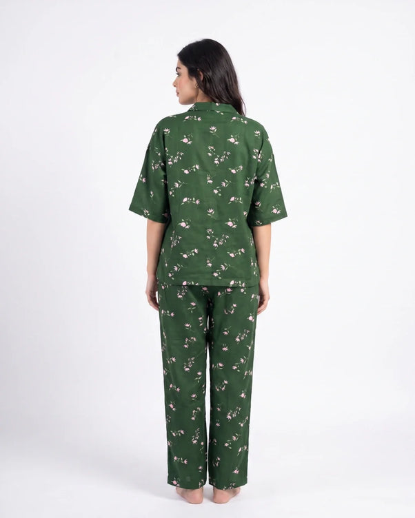 Sajiero Linen Oversized PJ Set - Floral Breeze - Green