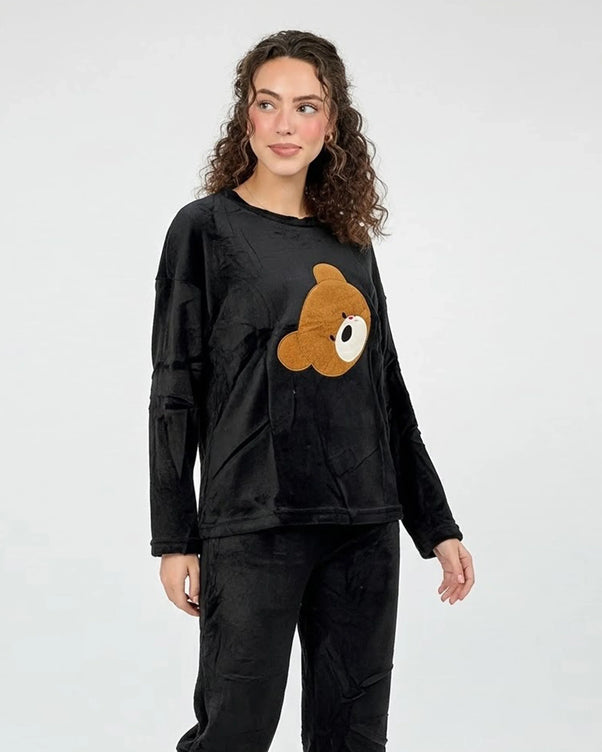 Sajiero Fleece Pajama Suit Bear - Black