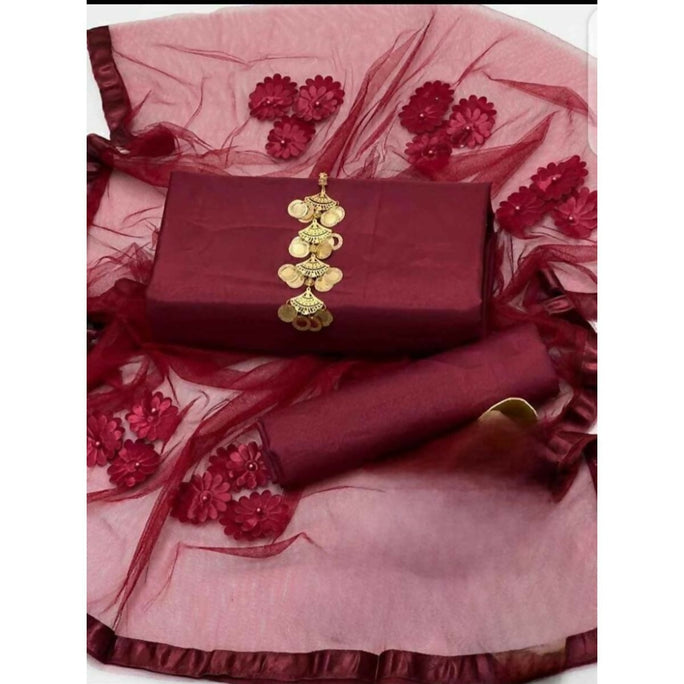 Unstitched 3 Piece Collection Katan Silk Plain Shirt & Trouser With Net Dupatta For Women Dress for women