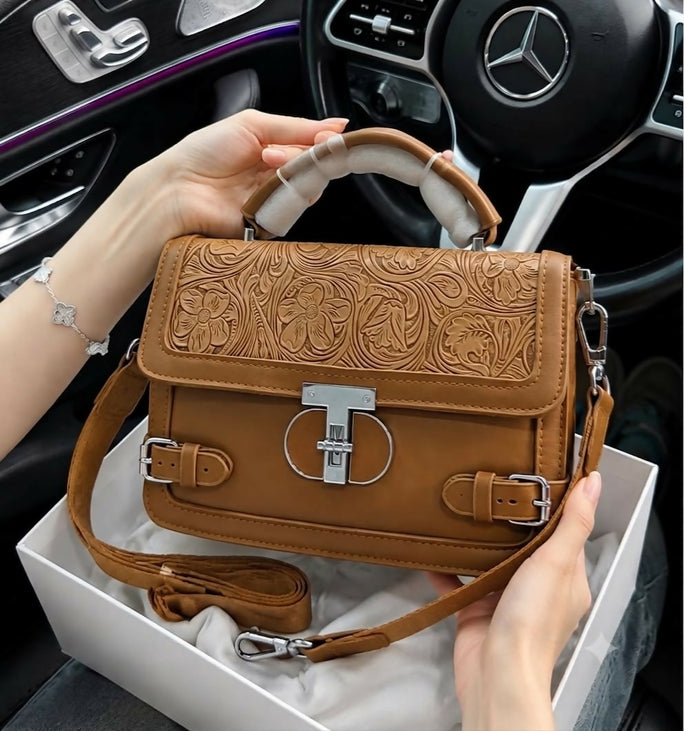 Trendy Leather Crossbody Shoulder Handbag for Women - Classic Lock Accent Top Handle Purse