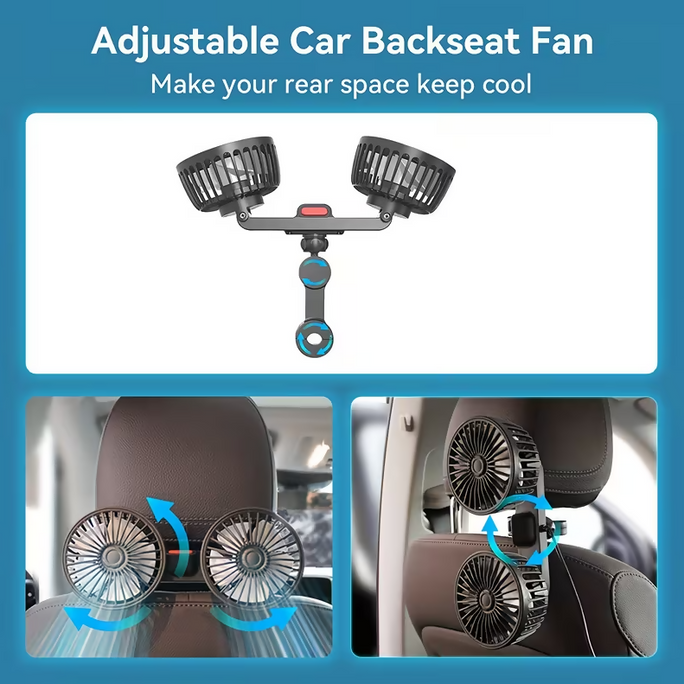Dual Head Car Cooling Fan 360 Degree Rotating Strong Wind Rear Seat Headrest Fan Low Noise Portable Air Circulator Car Accessories Car Gadgets