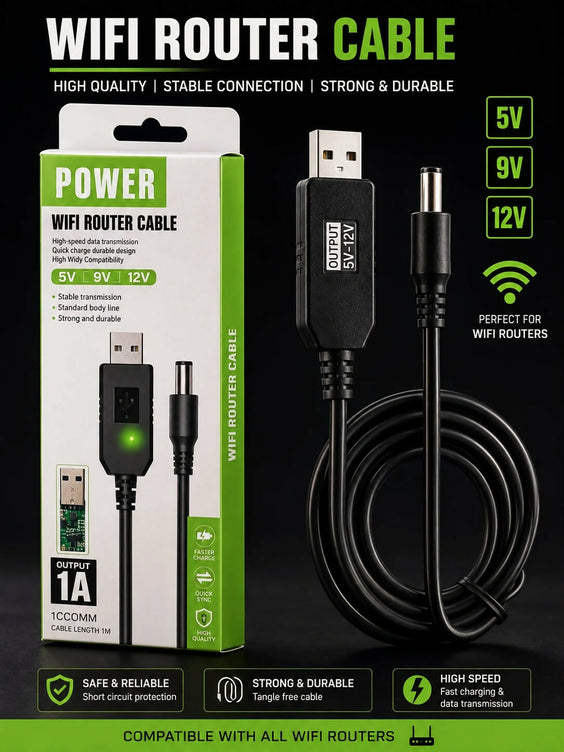 WIFI ROUTER CABLE For Power Bank | 5V To 9V/12V DC Step Up USB Converter Cable | High Speed Fast Charging WiFi Router Power Cable for Powerbank, Modem & Mini UPS (1 Meter, Black