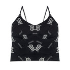 Black tank top with white logo pattern on a white background