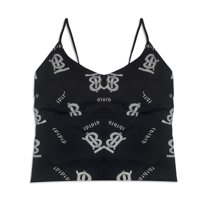 Black tank top with white logo pattern on a white background