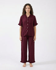 Sajiero Half Sleeves PJ Set - Linen Comfort - Maroon