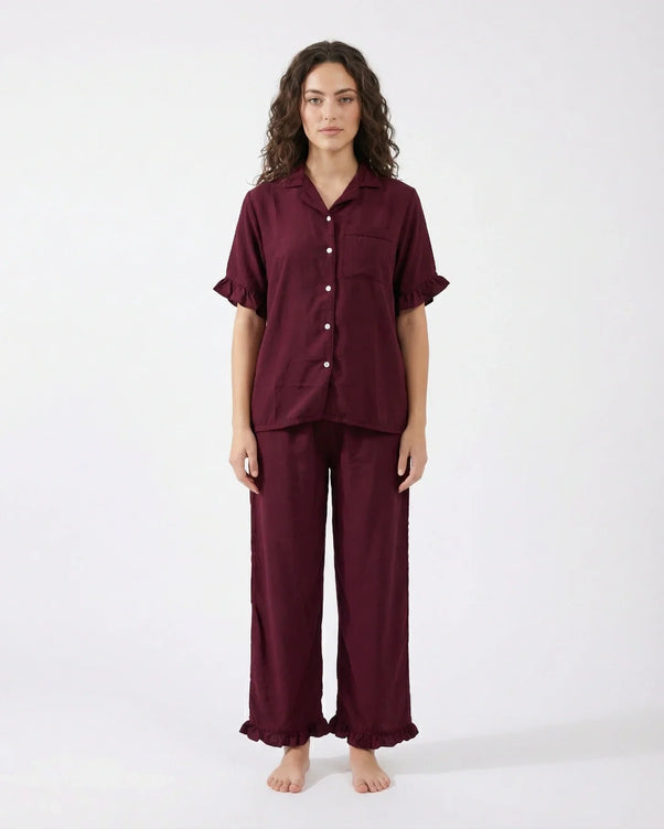 Sajiero Half Sleeves PJ Set - Linen Comfort - Maroon