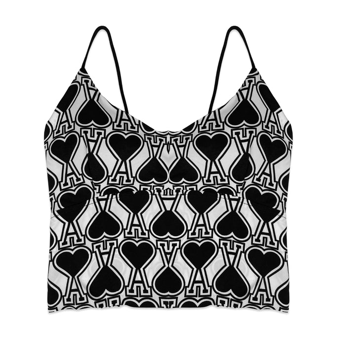 Black and white patterned crop top on a white background