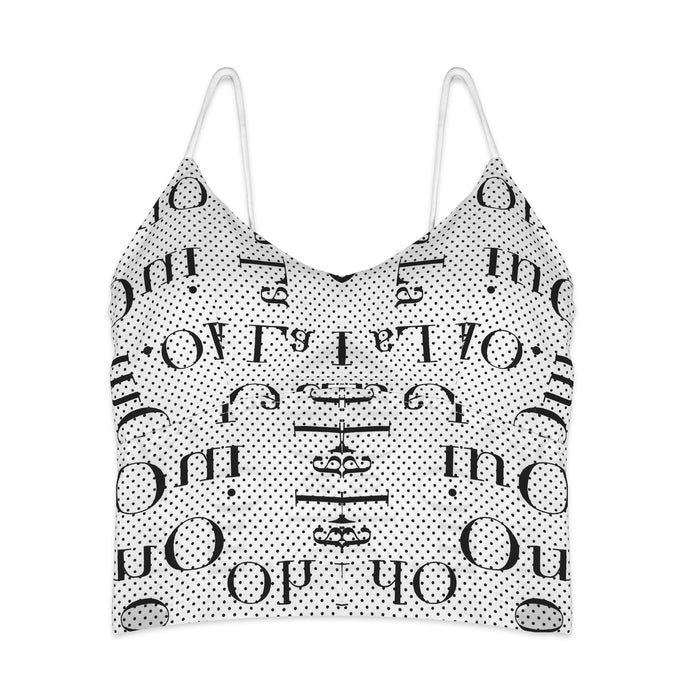 Black and white patterned top on a white background
