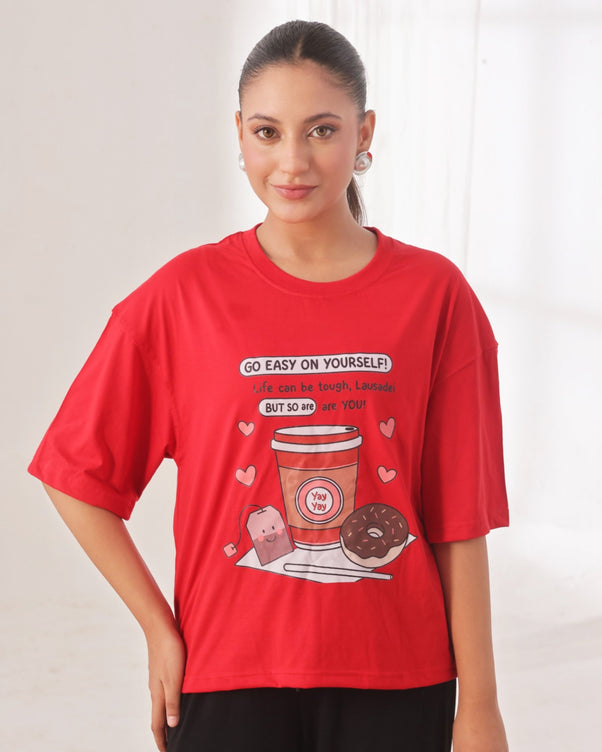Sajiero Drop Shoulder Graphic Tee - Go Easy Red