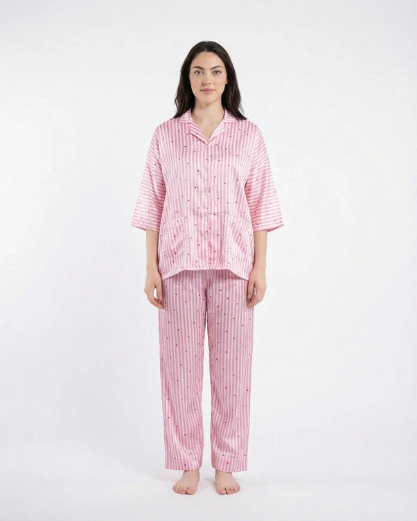 Sajiero Drop Shoulder Silk Pajama Suit - Dreamy Hearts