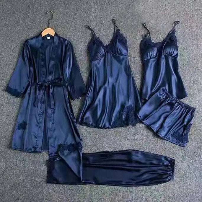 A blue silk 5-piece nightgown set including a nightgown, robe, thong, garter belt, and sleep mask, all laid out on a white background.