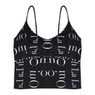 Black tank top with white text pattern on a white background